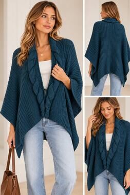 Beyond Threads Teal Blue Pima Cotton Poncho Sweater Womens XL Lagenlook Artsy